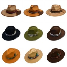 Men Women Classic Wide Brim Panama Hat Western Felt Outdoor Jazz Hat with Band