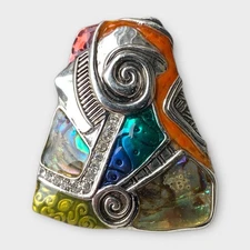 Vintage Rainbow Abalone Enamel Scarf Clip Silver Tone Abstract Artisan Design