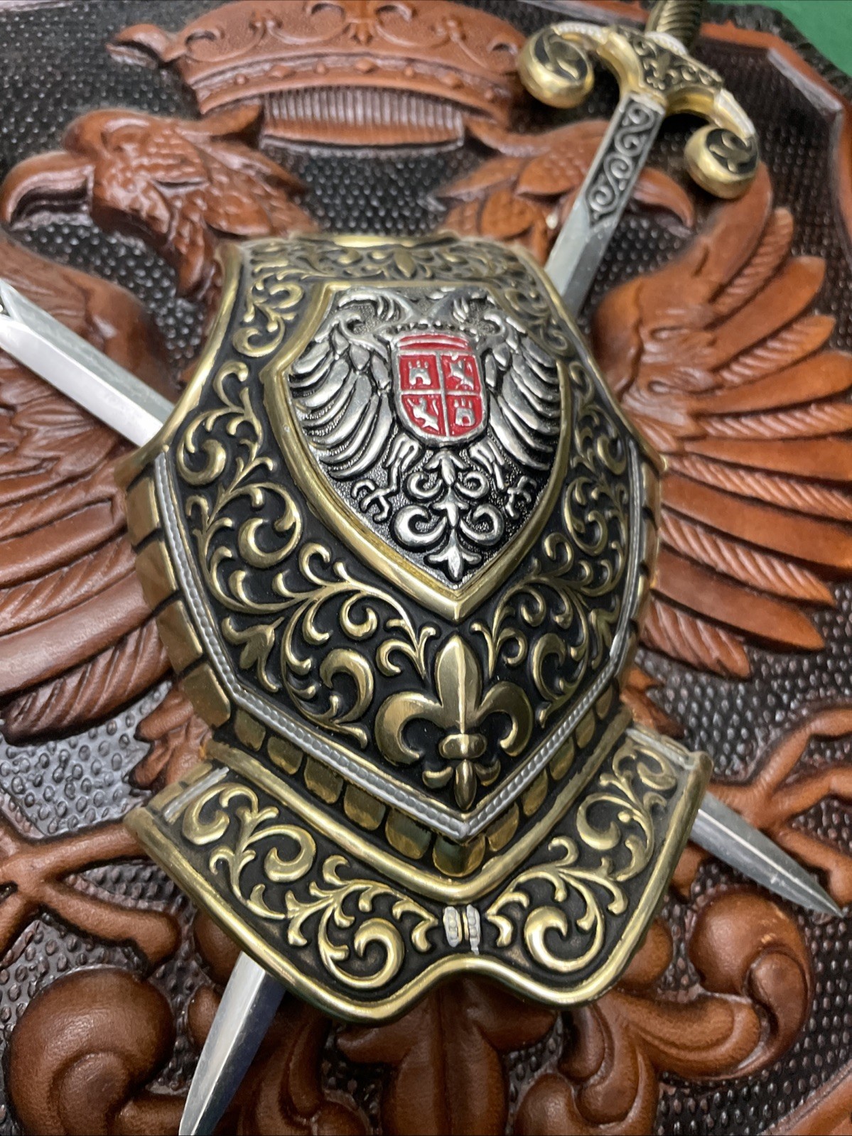 Vintage Armor And Swords Shield Coat Of Arms On Leather Scroll W/ Eagle - Spain
