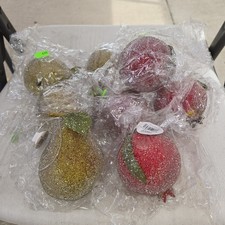 Beaded Sugar Frosted Decorative Fruit Pears Pomegranates Set Of 8 New