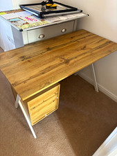 Wood Effect Computer Desk with Drawer Unit, White Metal Frame, Freestanding