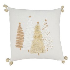 Holiday Cheer Christmas Trees Throw Pillow Cover with Pom-Pom Trim, Gold, 18"