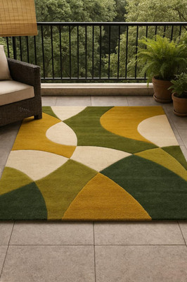Handgetufteter Wollteppich: Mid Century Modern Grün Gold Abstrakt