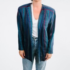 Liz Claiborne Vintage Striped Blazer Teal Blue Burgundy Linen Blend Size 8