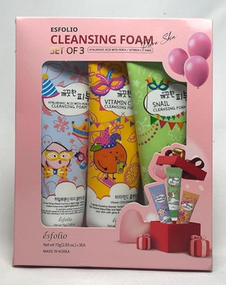 Esfolio Cleansing Foam Set of 3 Hyaluronic Acid w Peach, Vitamin C, & Snail