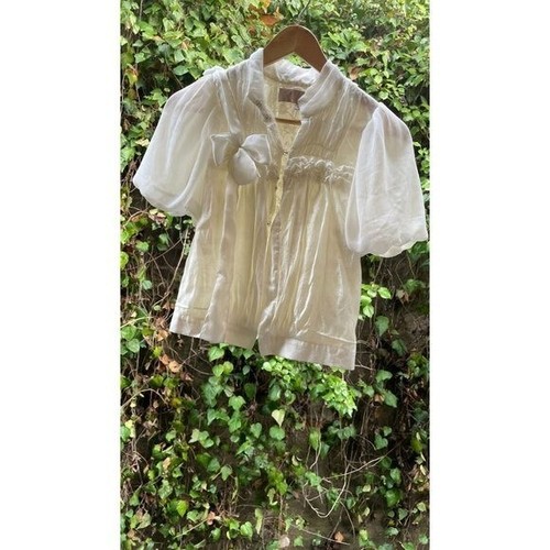 Plastic island Prairie Blouse Short Sleeve Ivory Cream Top w/Snap Button Hook - Picture 14 of 14