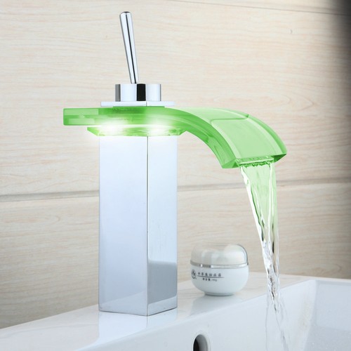 Bathroom 1 Handle/Hole 3 LED Waterfall Glass Spout Sink Basin Faucet Mixer Tap - Picture 3 of 11