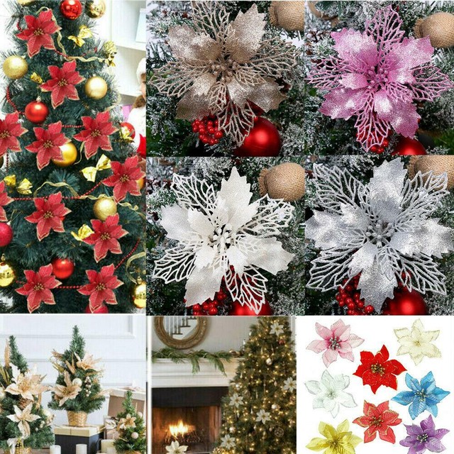 10x Christmas Large 13cm Poinsettia Glitter Flower Tree Hanging Party Xmas Decor