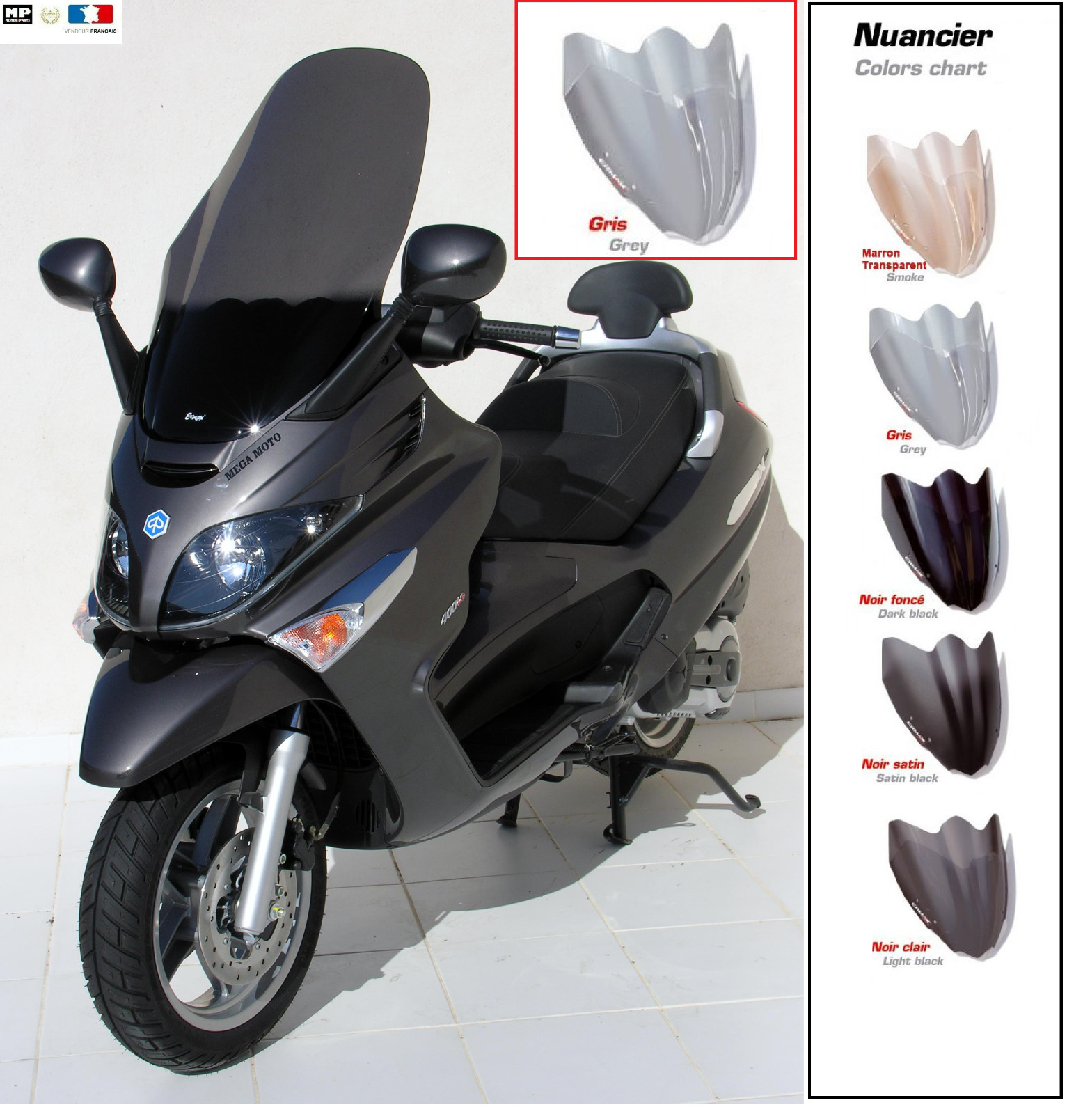 Pare-brise Ermax anti fatigue cervicale +20cm Piaggio X8 X-evo Sport gris