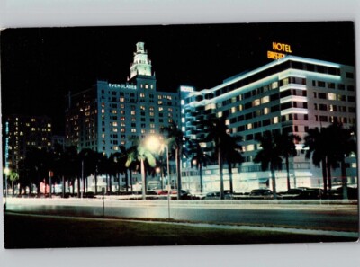 c1960 Biscayne Blvd Boulevard At Night Miami Florida FL Hotel Palm Tree Postcard