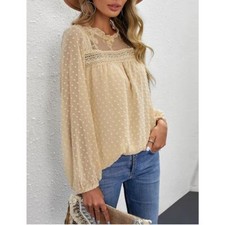 Swiss Dot Frill Neck Embroidered Keyhole Blouse Sand Size L