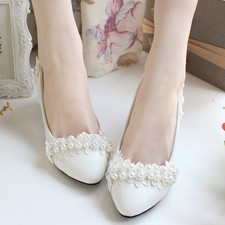 Ivory Pearl Flower Wedding Lace Prom Bridal Bridesmaid Flat High Low Heels shoes