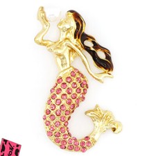 New Fashion Women Pink Enamel Cute Mermaid Pearl Crystal Charm Lady Brooch Pin