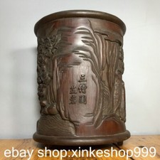 6.8" Rare Old Chinese Bamboo Carving Three Monks Chart Pen container brush pot