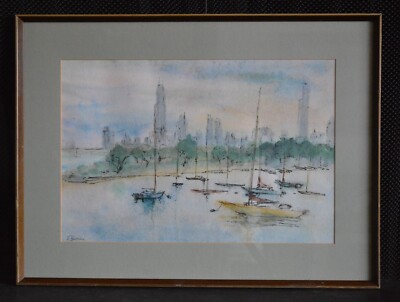 J. Sullivan - Watercolor Painting - Sailboats City Scape - Monroe Harbor Chicago
