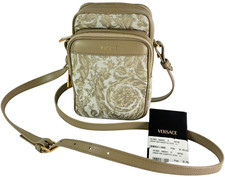 $1,150 VERSACE Beige Barocco Jacquard Leather Camara Crossbody Made in Italy