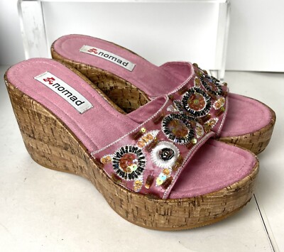 Vintage Y2K Nomad Platform Wedge Side On Sandals W Rhinestone Accents Pink  Sz
