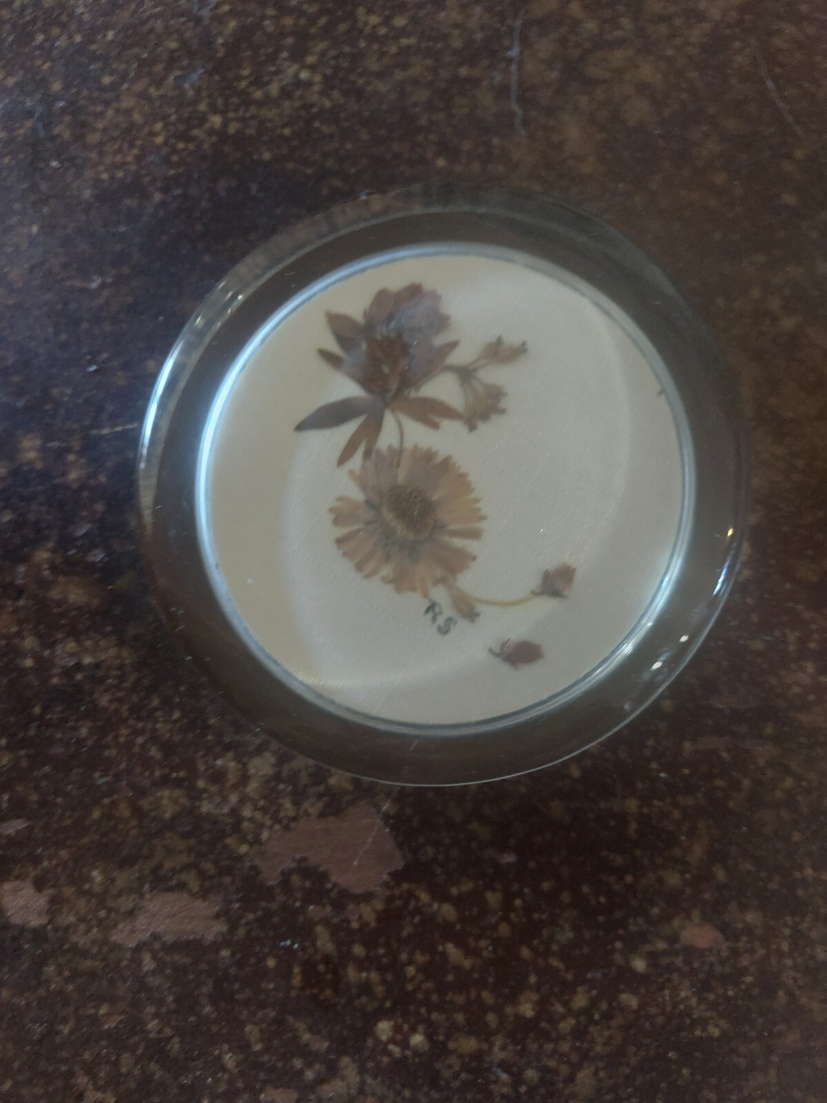 Vintage Dried Flowers Paperweight Round Glass Signed Retro Desk Accessories.-image