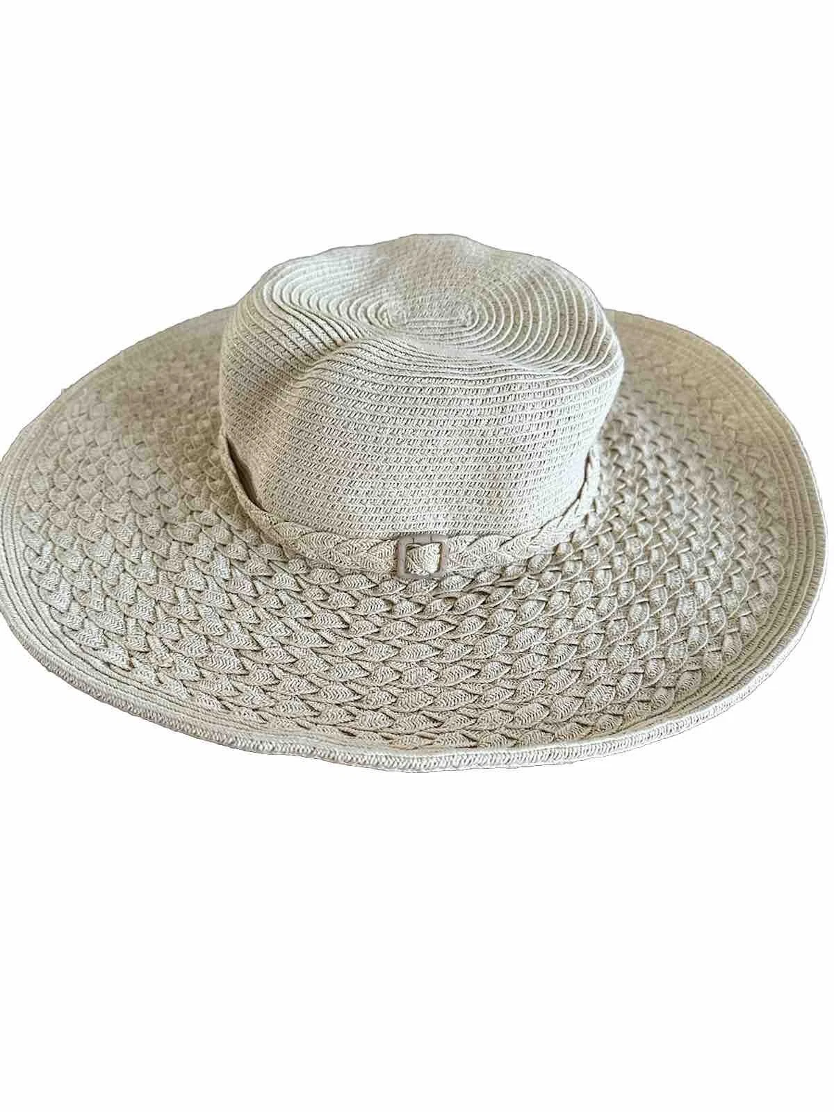 Croft & Barrow Beige Straw Woven Hat Buckle Accent Summer Wide Brim