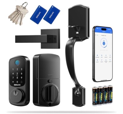 DESLOC B200 Fingerprint Smart Dead Bolt Door Lock w Knob/Handle Pin/Fobs/App/Key