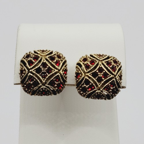 Monet Red Rhinestone Ornate Gold Tone Square Professional Pierced Style Earrings - Picture 8 of 21