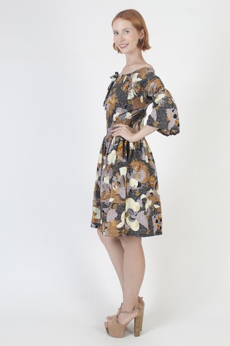 Vtg All Over Print Printed Mini Dress Smocked Bell Sleeve Ethnic Batik Sundress - Picture 5 of 7