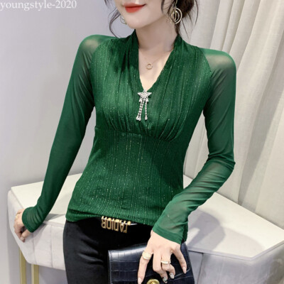 Western Women Glitter V-neck Slim Mesh Autumn Cocktail Party Tops Blouse T-shirt