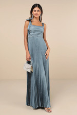 Lulus Gorgeous Purpose Slate Satin Pleated Sleeveless Bow Maxi Dress