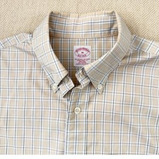 Brooks Brothers Mens Traditional Fit Non-Iron Plaid Button Down Shirt Tan Blue M