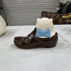 Ceramic Glazed Cat in Boot Planter, Brown White Blue, Animal Theme — photo 3