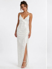 Kalinnu White Sequin Maxi Dress Side Slit Formal Bridal Evening Gown Large NWT