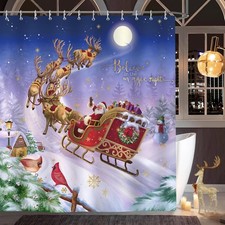 Bonhause Christmas Shower Curtain Santa Claus Reindeer Sleigh Xmas Winter Holida