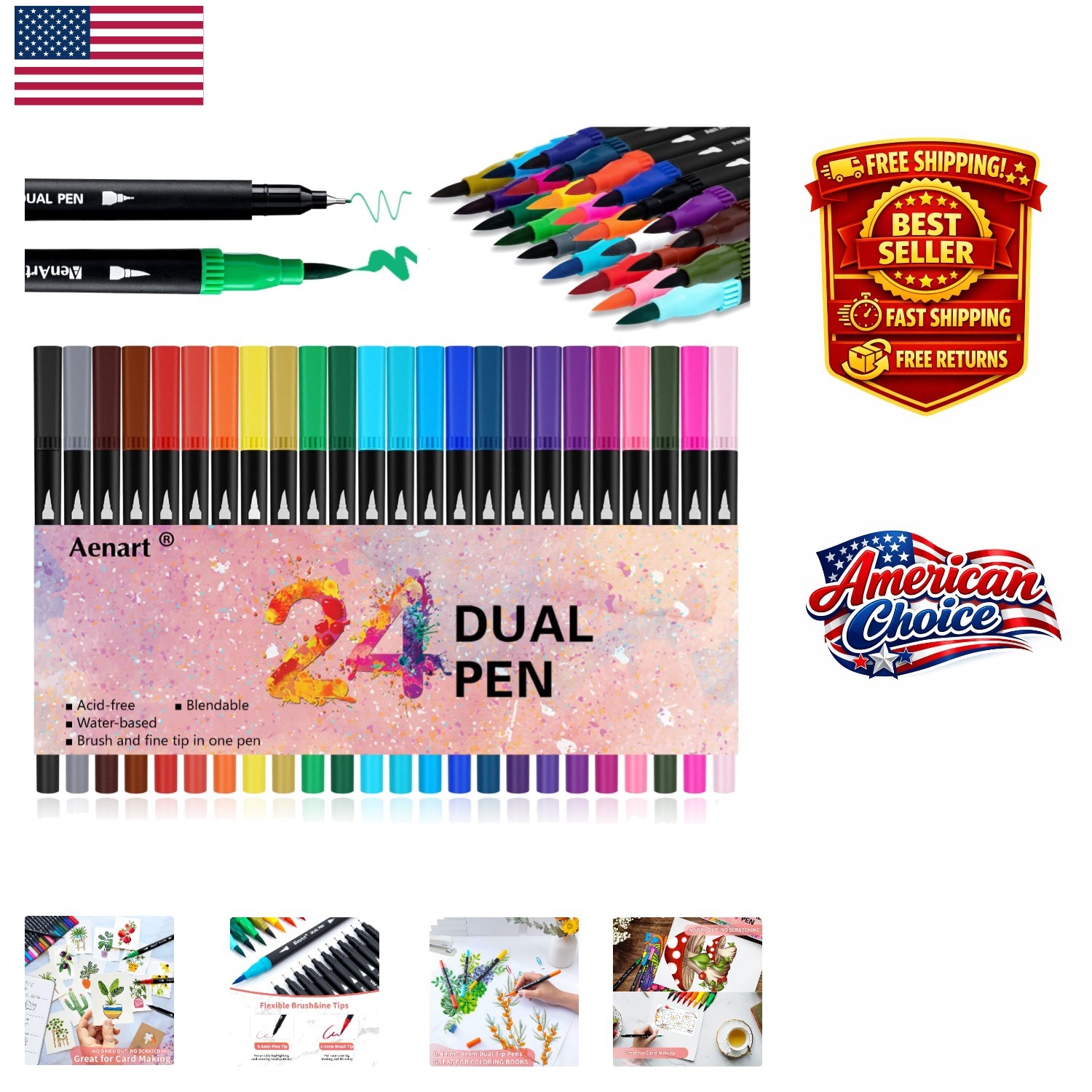 Non-Toxic Dual Tip Marker Pens - 24 Colors for Art, Calligraphy & Journaling