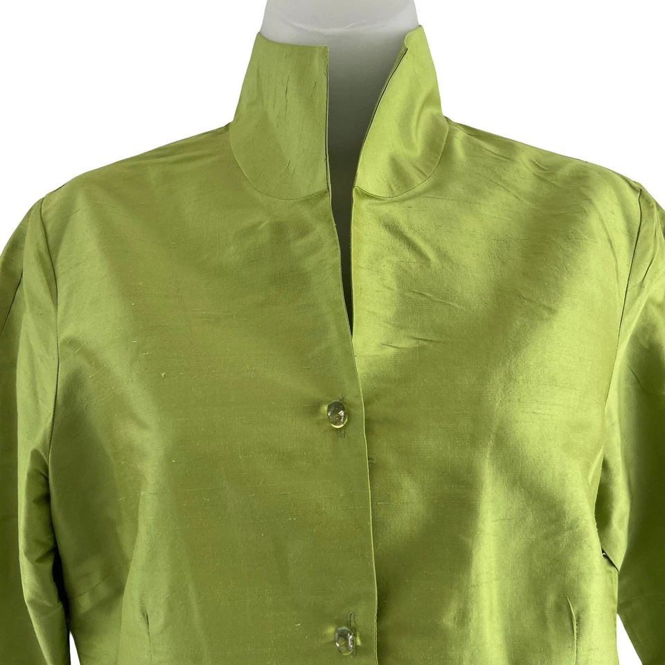 Chaqueta Connie Roberson Mujer Pequeña Verde Seda Abotonada Cuello Mandarín Floral Foto 2 de 4