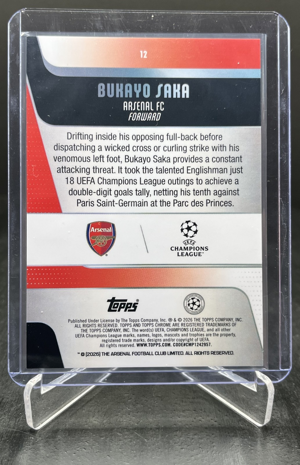 2025-26 Topps Chrome UEFA UCC Soccer Bukayo Saka Aqua Lava 073/199 #12 view 2