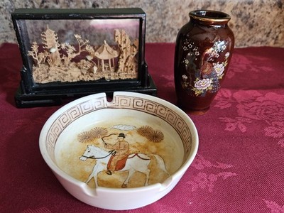 Vtg Mini China Cork Pic+Japan Handpainted Porcelain Ashtray+Mini  Vase Japan