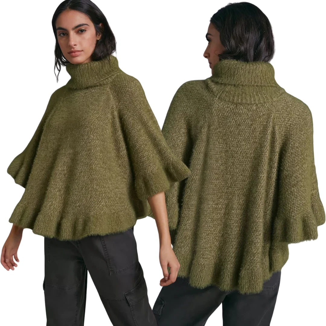Anthropologie Ruffled Turtleneck Poncho Women's One Size Green Knit Chunky Cozy