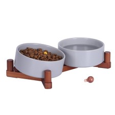 Ceramic Dog and Cat Bowls Set with Wood Stand, Non-Slip Weighted Pet Food and...