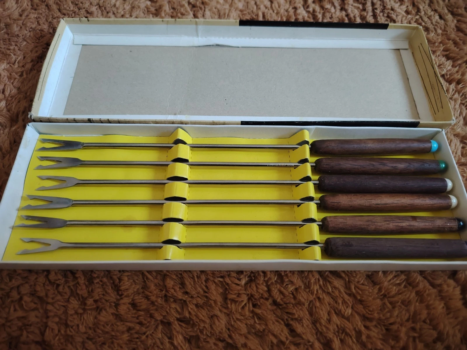 Vintage Fondue Forks: 1960s Japan Stainless Steel with Wood Handles, Set of 6