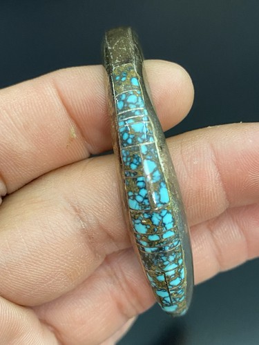 Signed Dine' F. Chee Native American Sterling Spiderweb Turquoise Cuff Bracelet - Picture 6 of 10