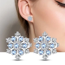 PANDACH 925 Sterling Silver Blue Snowflake Stud Earrings For Women Jewelry Gifts
