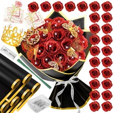 28 Red Glitter Roses Bouquet - Artificial Flowers Bouquet with Diomand Pins,R...