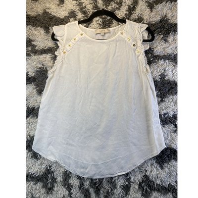 LOFT Women's White Flutter Short Sleeve Ruffle Button Accent Round Neck Blouse M