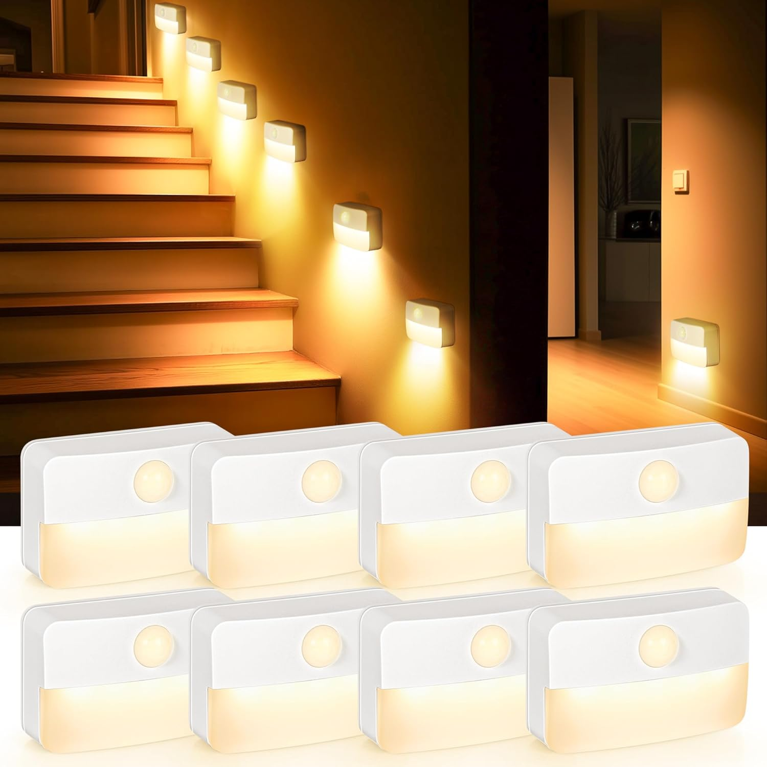 LED Stair Lights Motion Sensor 8 Pack Warm White Light For Under Stairs Hallway