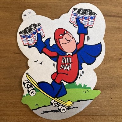 Bud Man Budweiser Decal Sticker Beer Skateboard 6 pack 1970's 6.5 x 4.75 inches