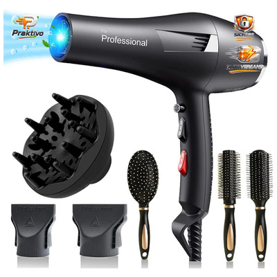 Haartrockner 2400W AC Motor, Ionen Föhn mit Diffusor, 2 Düsen, 3 Bürsten, für