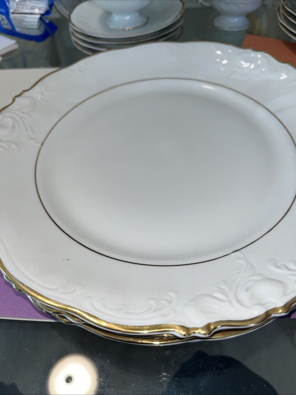 WALBRZYCH White/White Gold Trim  POLAND DINNER PLATES  Set Of 4 Genvieve