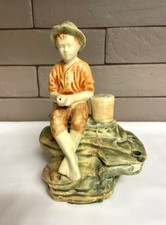 Antique Weller Muskota Art Pottery "Fishing Boy" Flower Frog Figurine