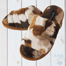 BEBE AUTHENTIC SADIA WOMEN'S JUNGLE NAT FAUX FUR SLIP OP SLIPPERS SANDALS