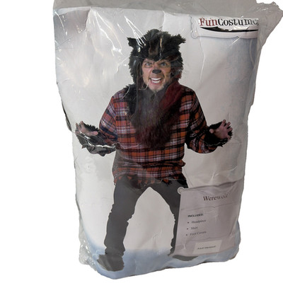 Fun Costumes Adult Fierce Werewolf Costume Plaid Shirt Furry Headpiece 14+ NEW